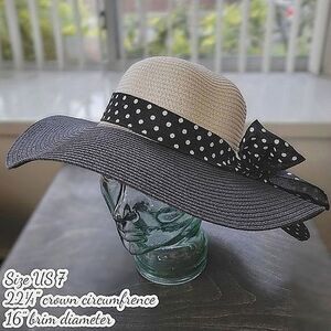 Vtg two-tone ribbon bow floppy straw sun hat